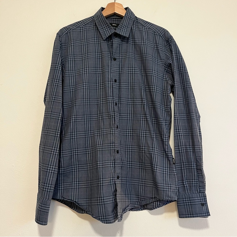 Boss by Hugo Boss Blue Grey Check Slim Fit Button Down Shirt Men’s Size Medium